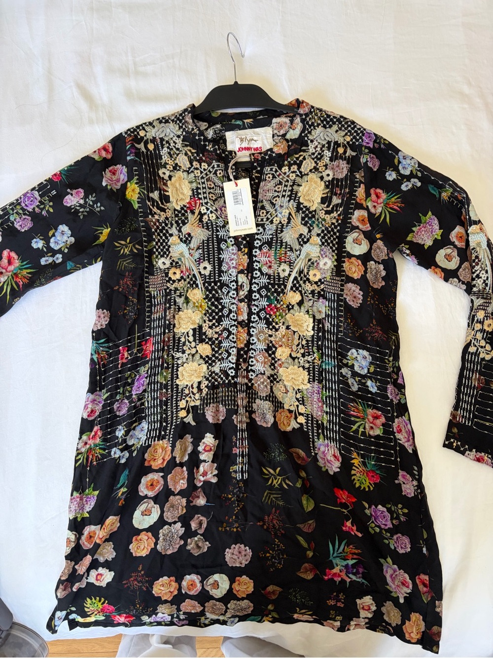 Johnny Was Cigna Tunic Black Embroidered Floral & Bird Shirt